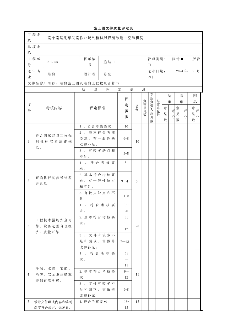施工图设计文件质量评定表_第1页