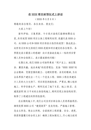 施工方在项目封顶仪式上的讲话