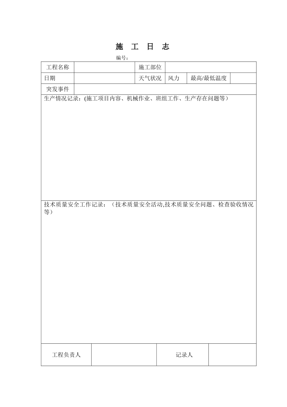 施工日志标准空白表格_第1页
