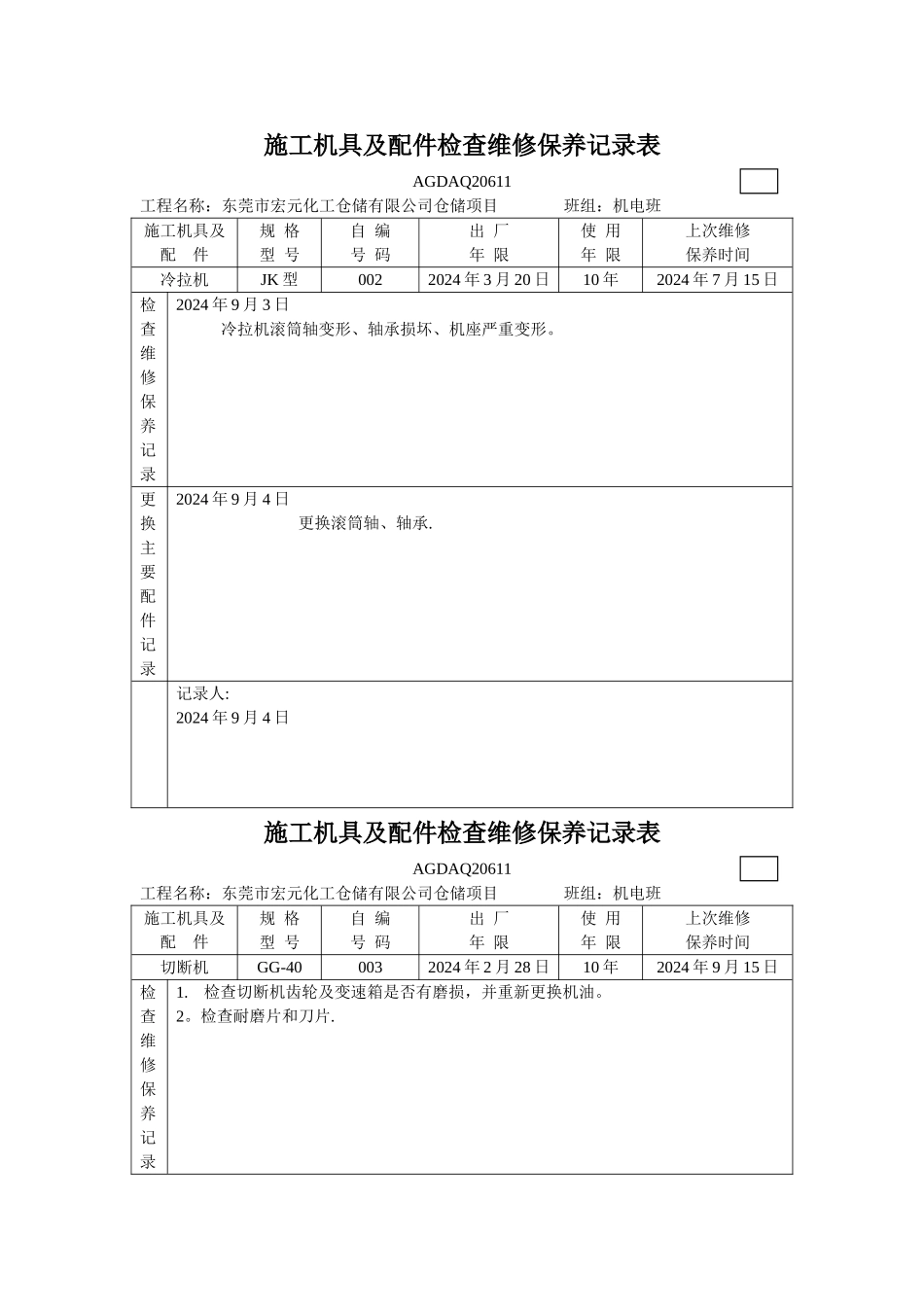 施工机具及配件检查维修保养记录表_第1页
