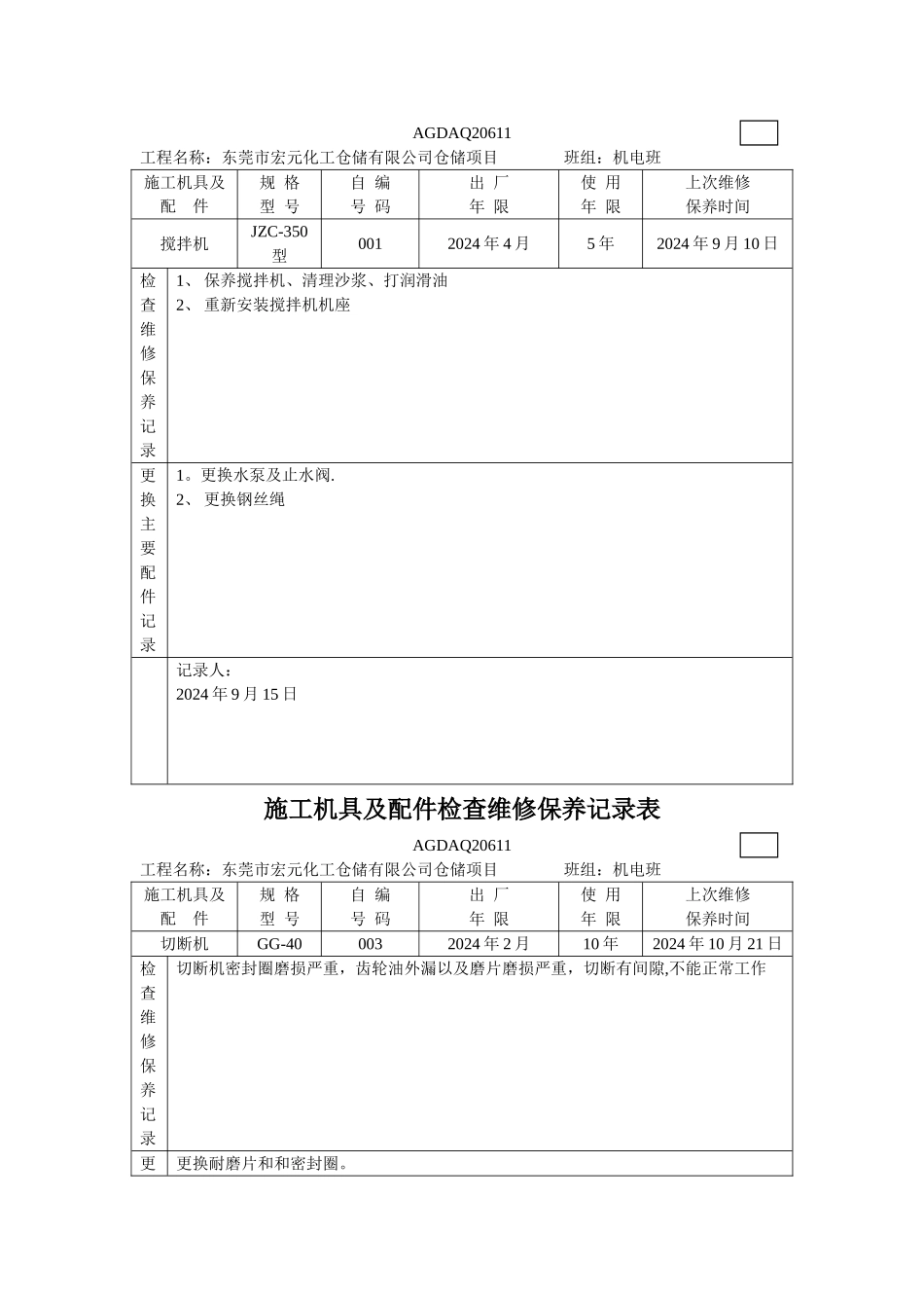施工机具及配件检查维修保养记录表_第3页