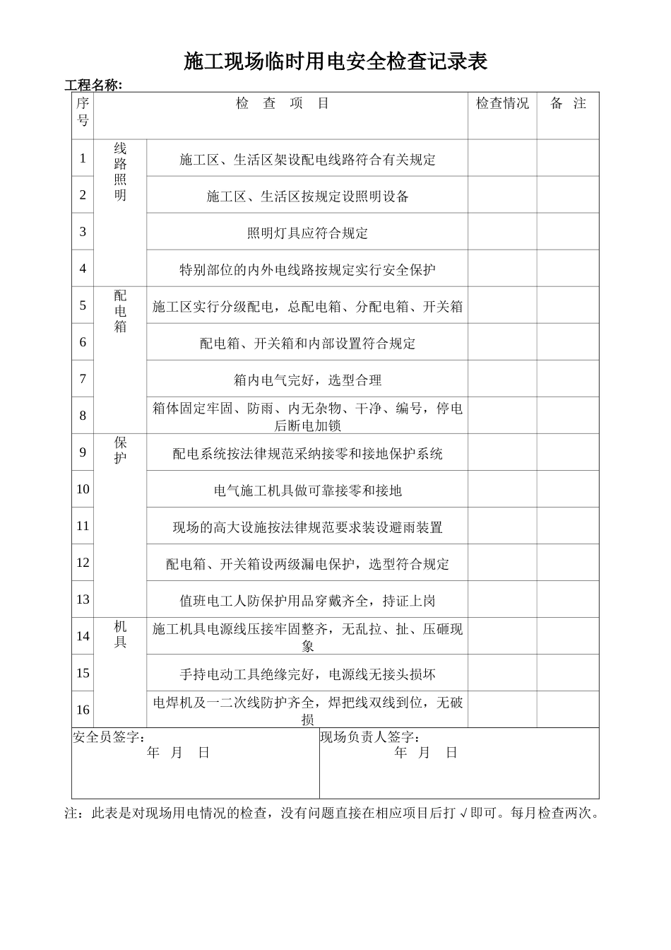施工现场临时用电安全检查记录表_第1页