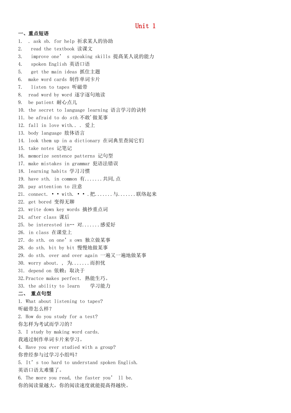 2025年陕西省石泉县池河中学九年级英语全册Unit1单元短语及句型总结新版人教新目标版_第1页