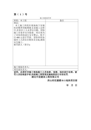 施工现场处罚单