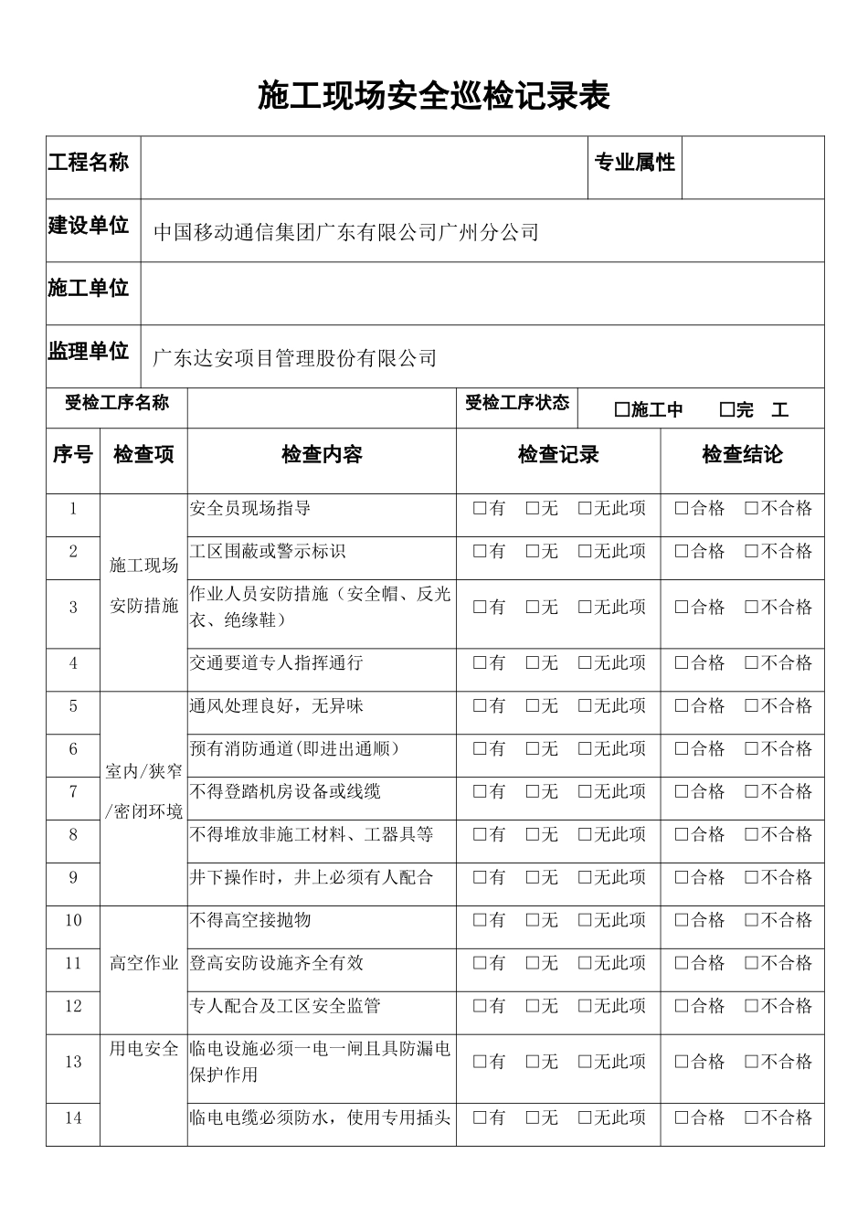 施工现场安全巡检记录表——模板_第1页