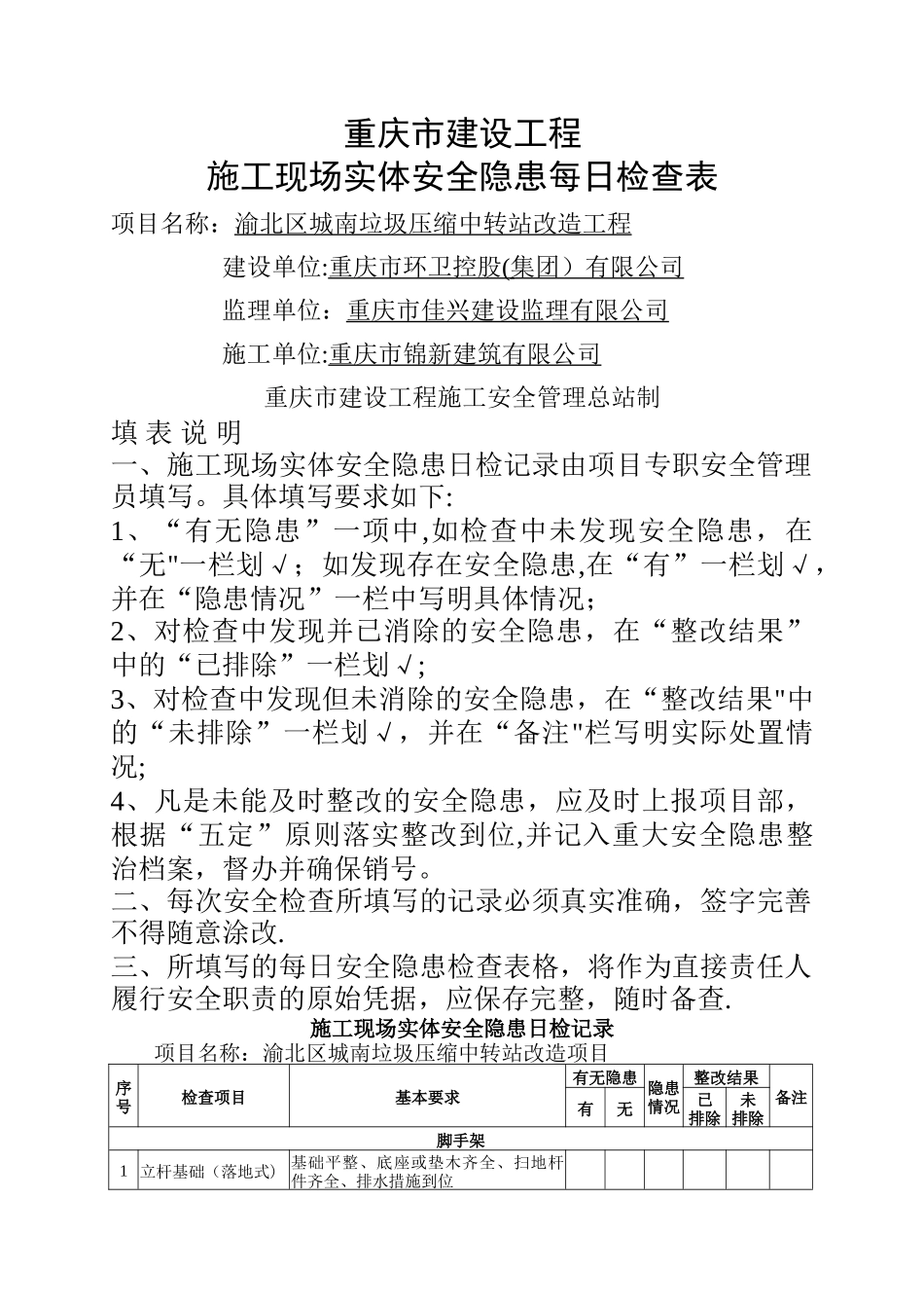 施工现场实体每日检查表_第1页