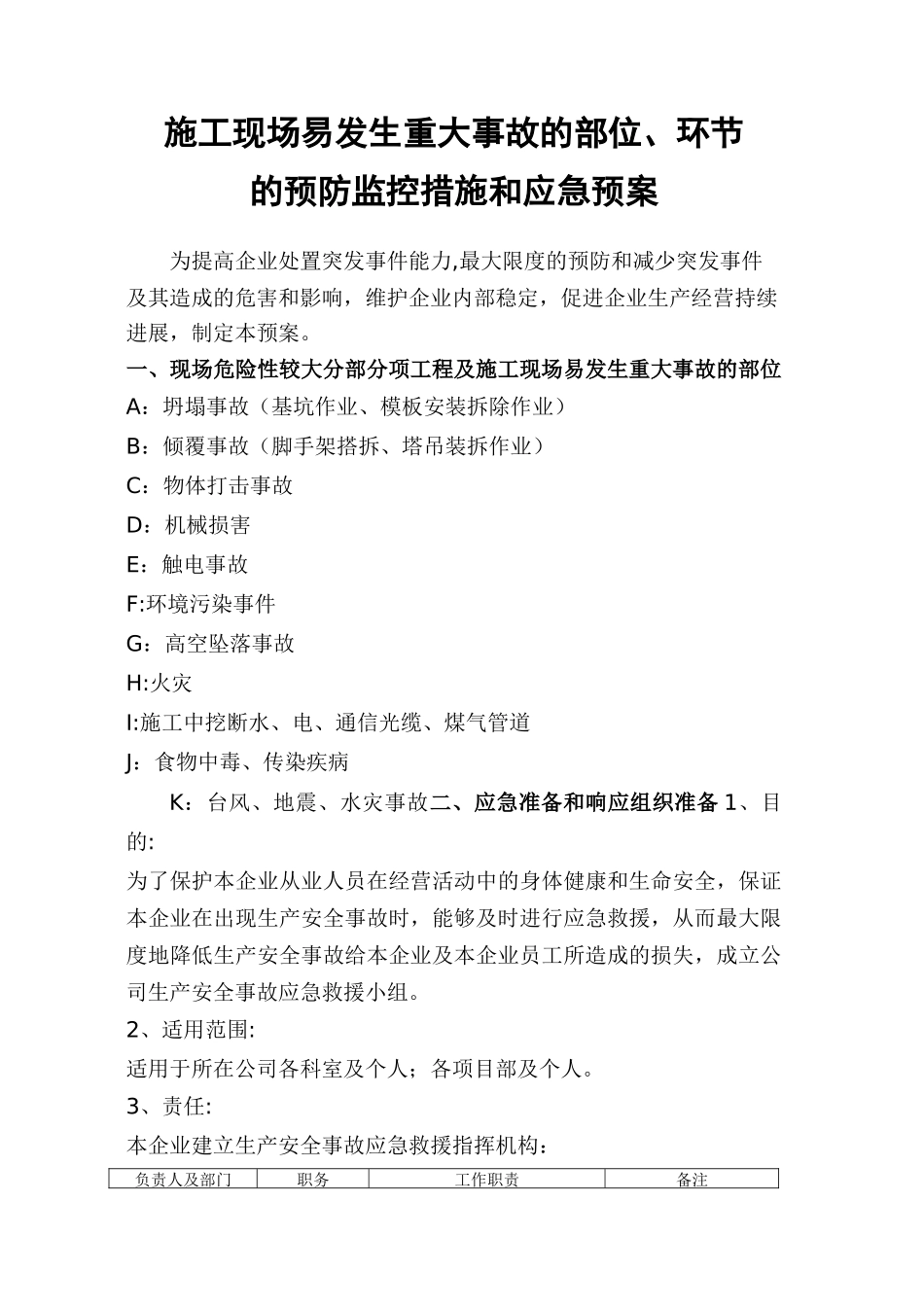 施工现场易发生重大事故的部位、环节的预防监控措施和应急预案_第1页