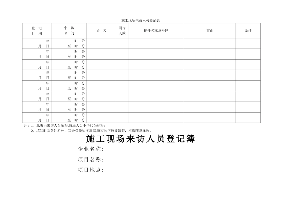 施工现场来访人员登记表_第1页
