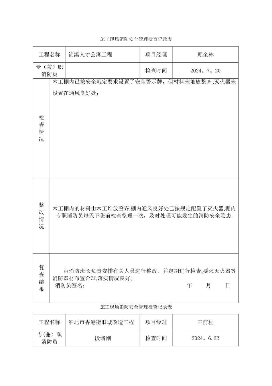 施工现场消防安全管理检查记录表_第2页