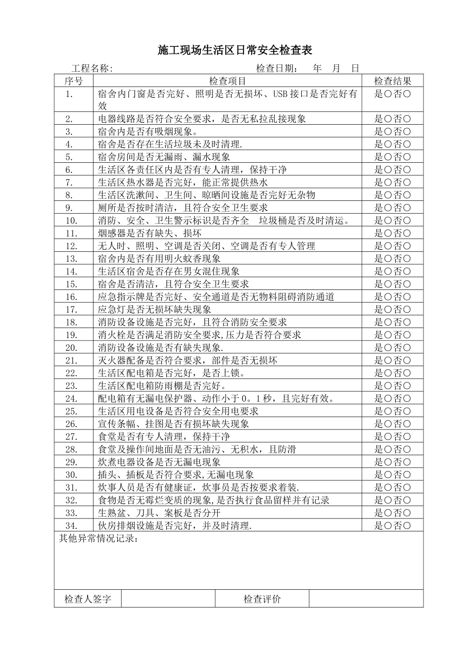 施工现场生活区日常安全检查表_第1页