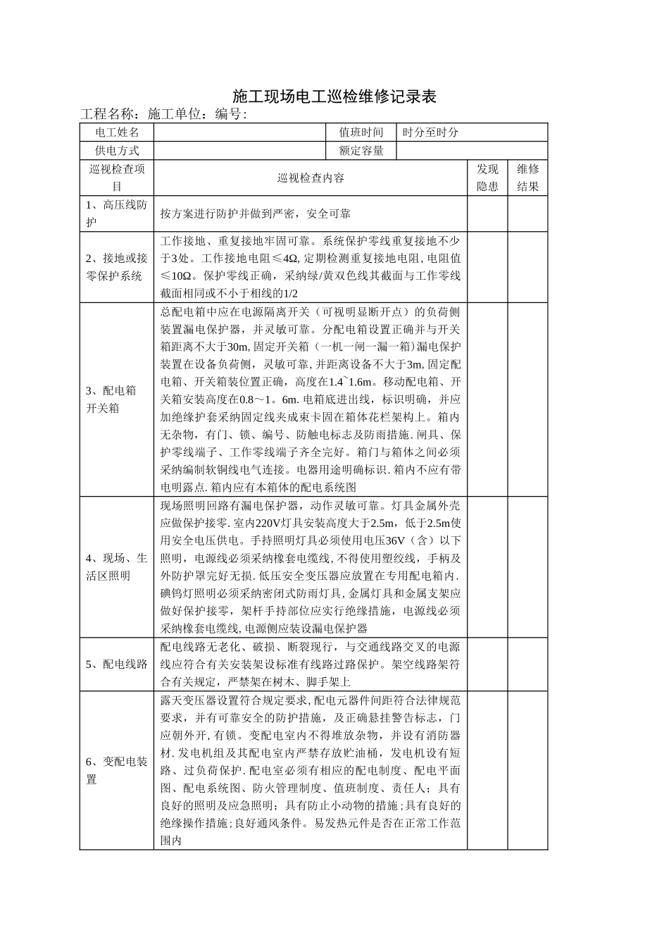 施工现场电工巡检维修记录表_第1页