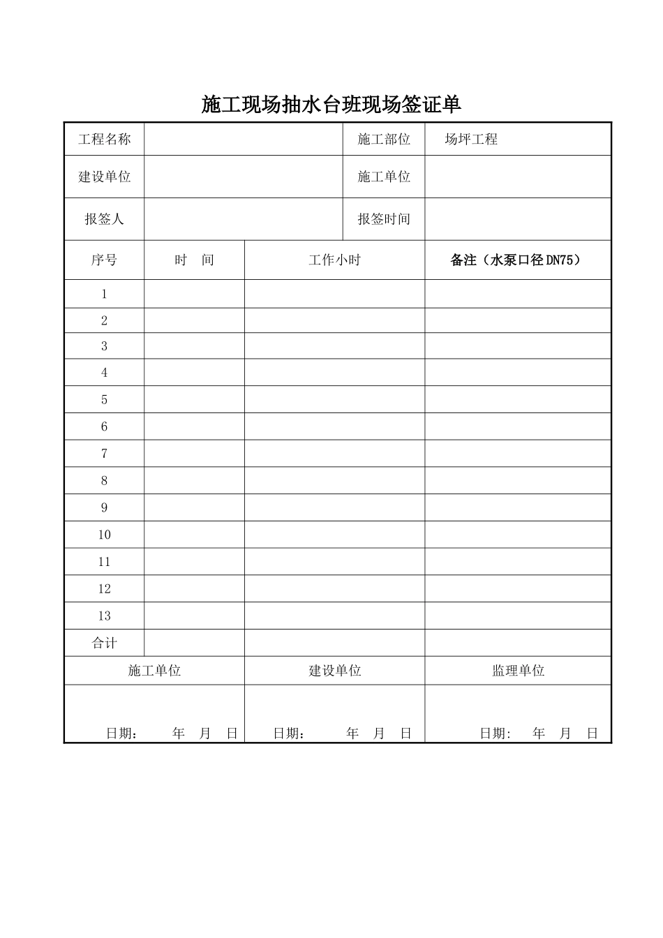施工用水抽水台班现场签证单_第1页