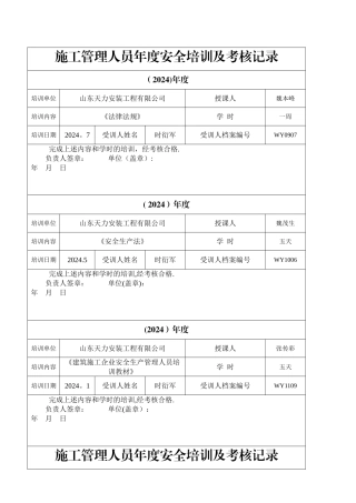 施工管理人员年度安全生产教育培训及考核记录