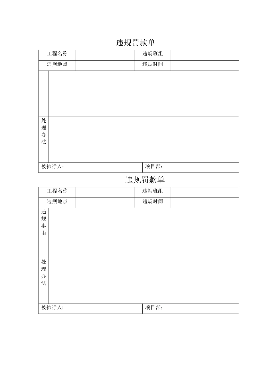 施工项目班组罚款单_第1页
