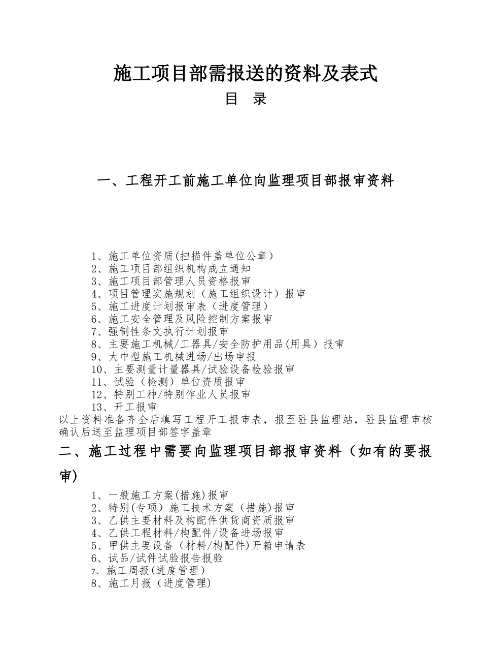 施工项目部向监理需报审的资料及表式和施工单位必须要有的资料-(2_第1页