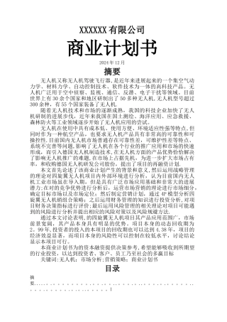 无人机项目融资商业计划书可修改WORD版.