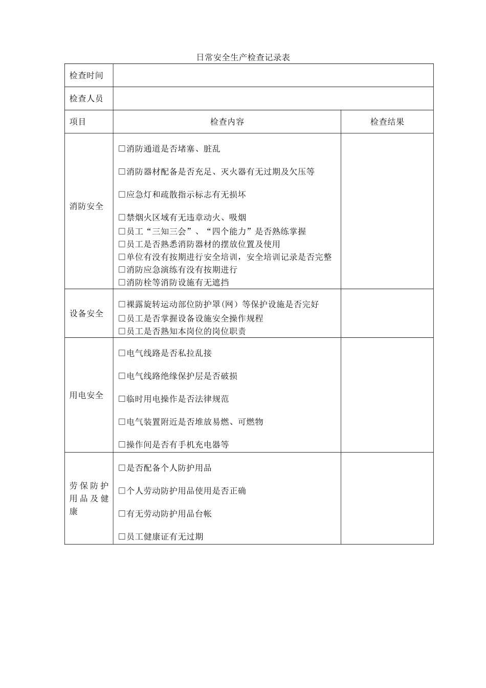 日常安全生产检查记录表_第1页