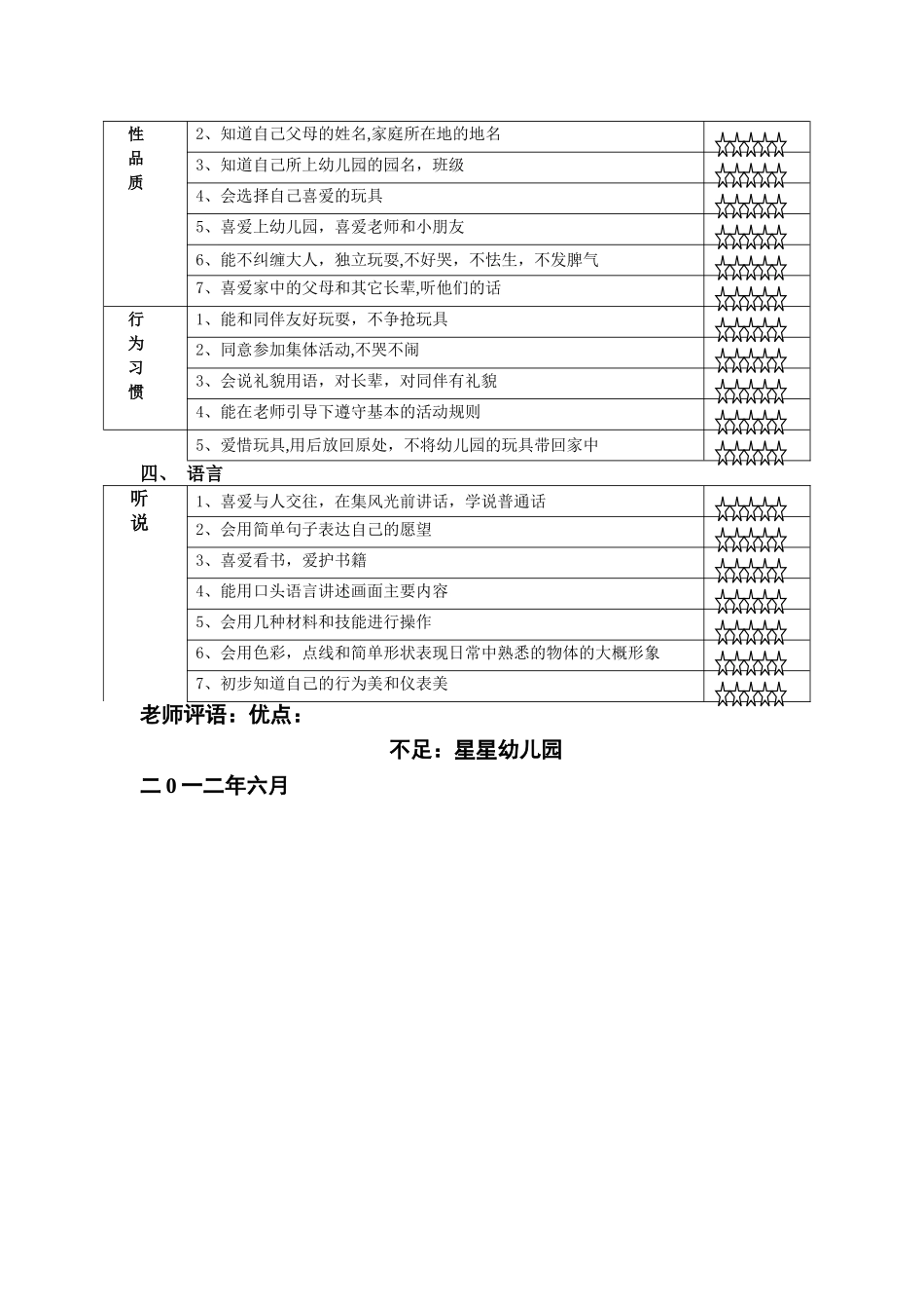 星星幼儿园小班幼儿发展评估表_第2页