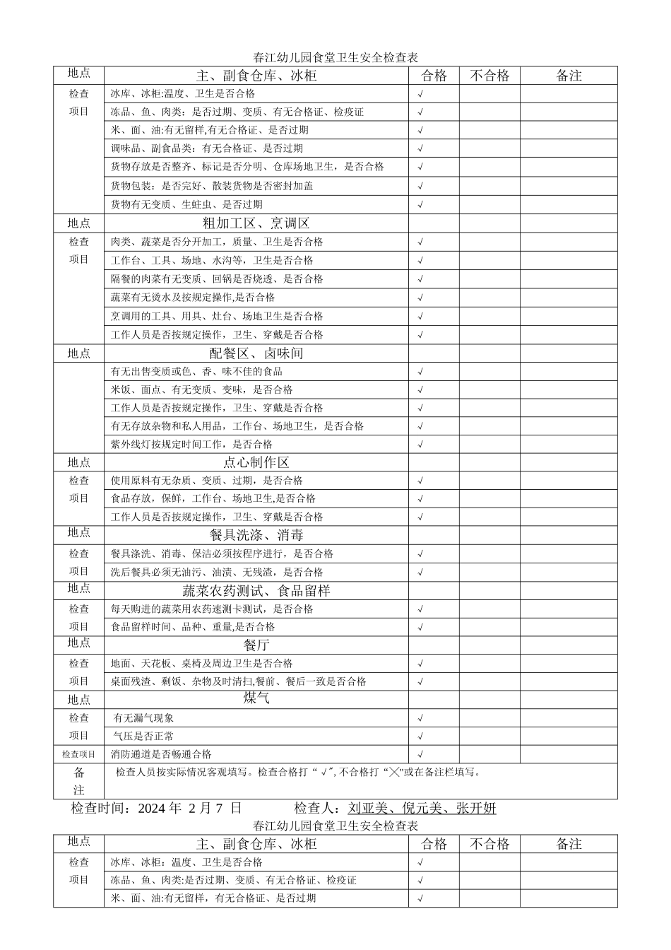 春江幼儿园食堂卫生安全检查表_第1页