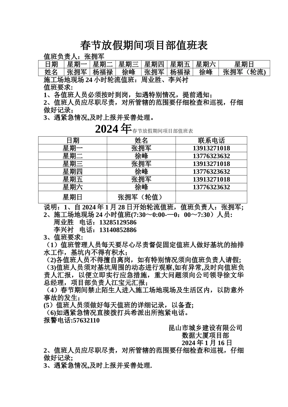 春节放假期间项目部轮流值班表_第1页