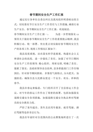 春节期间安全生产工作汇报