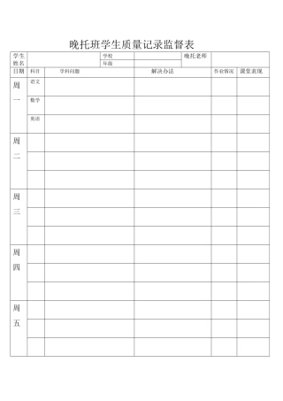 晚托班学生质量记录监督表