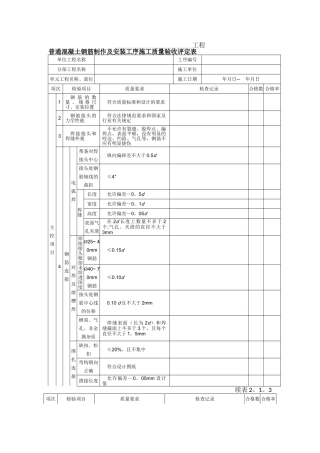 普通混凝土钢筋制作及安装工序施工质量验收评定表