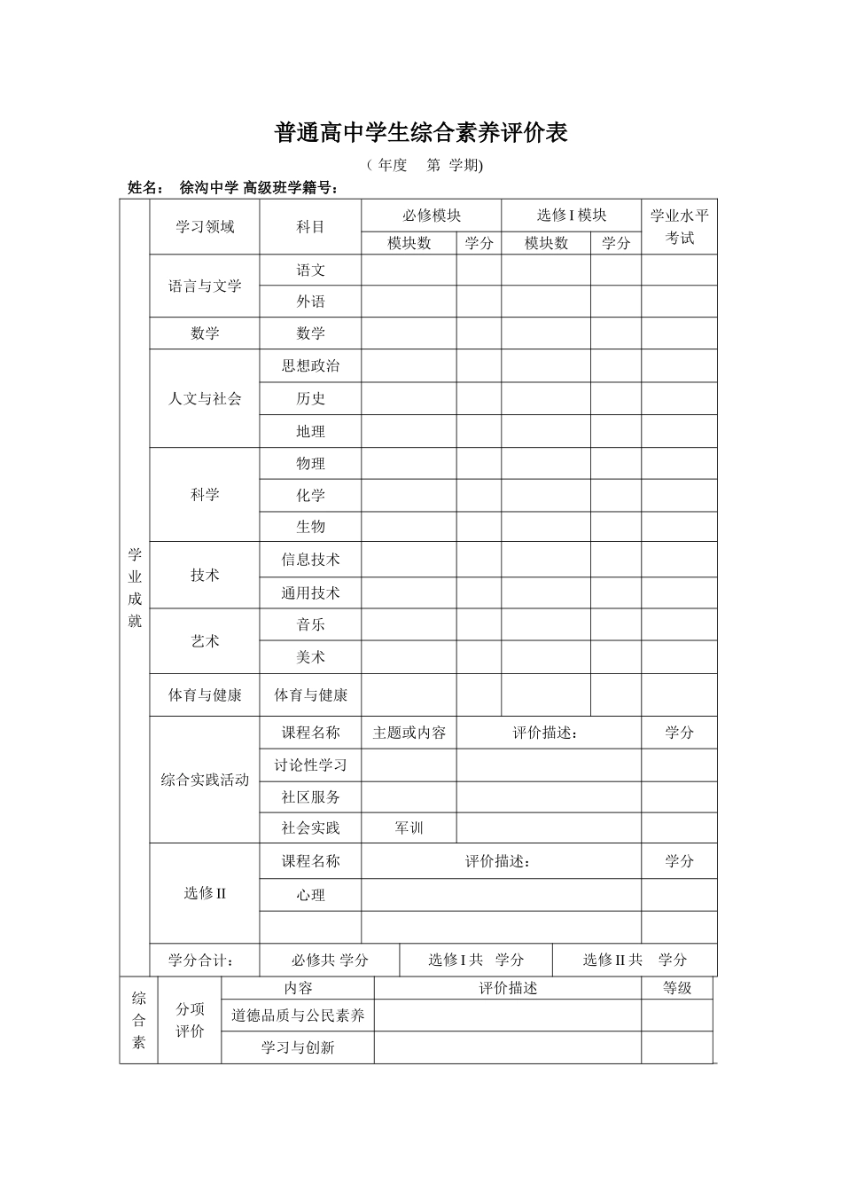 普通高中学生综合素质评价表_第1页