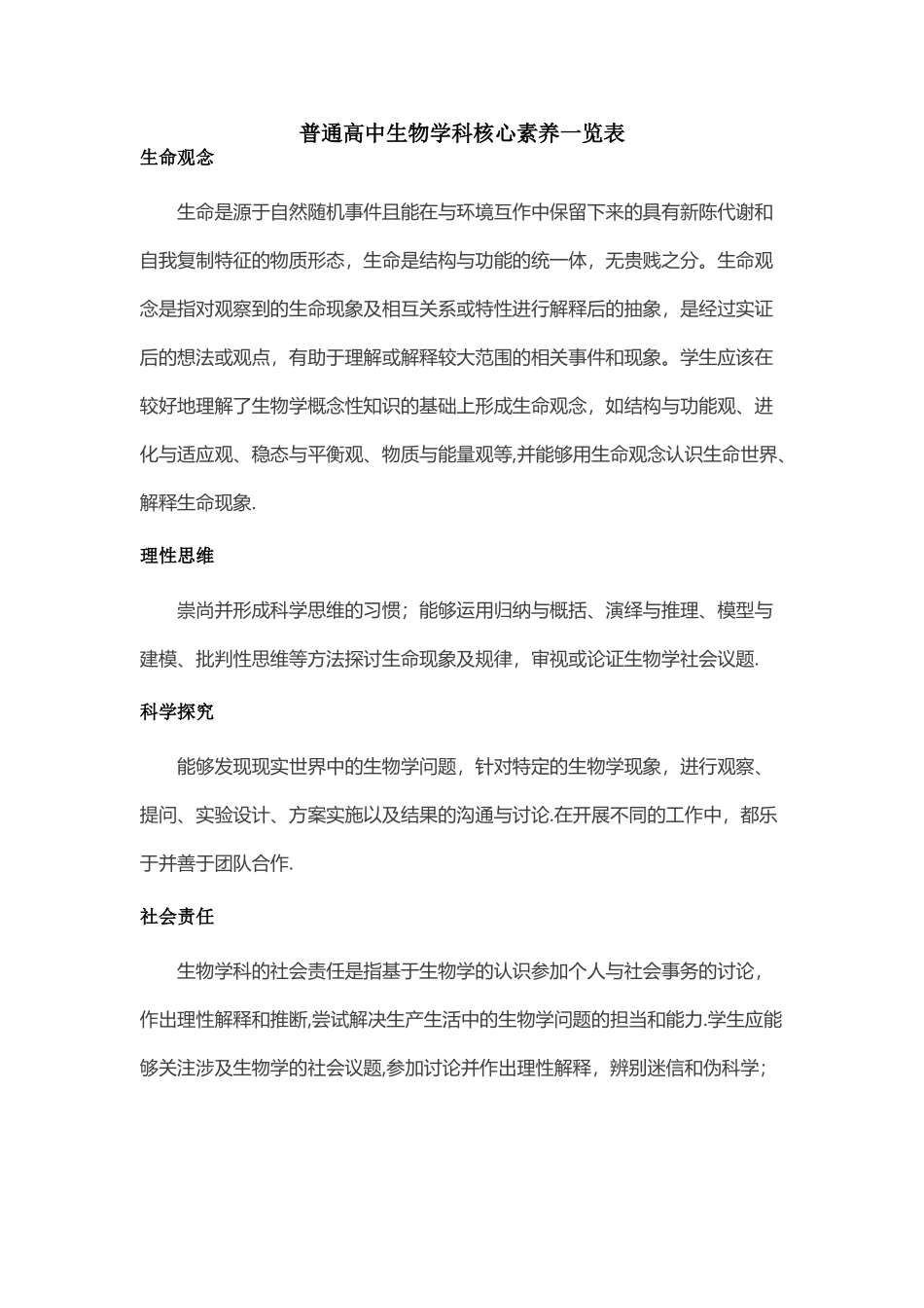 普通高中生物学科核心素养一览表_第1页
