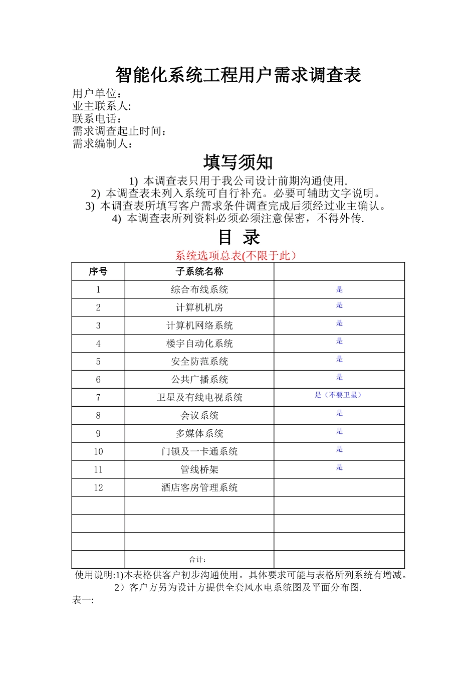 智能化系统工程用户需求调查表_第1页