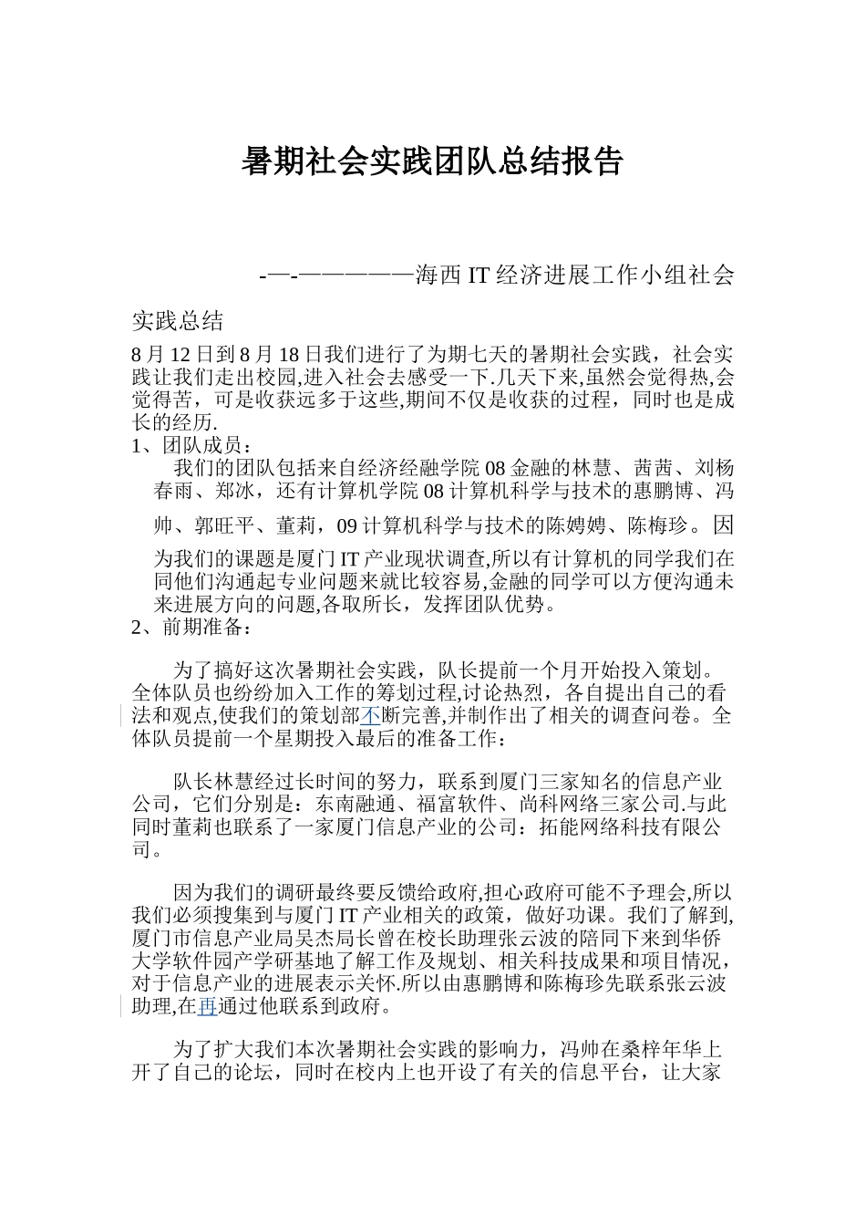 暑期社会实践团队总结报告_第1页