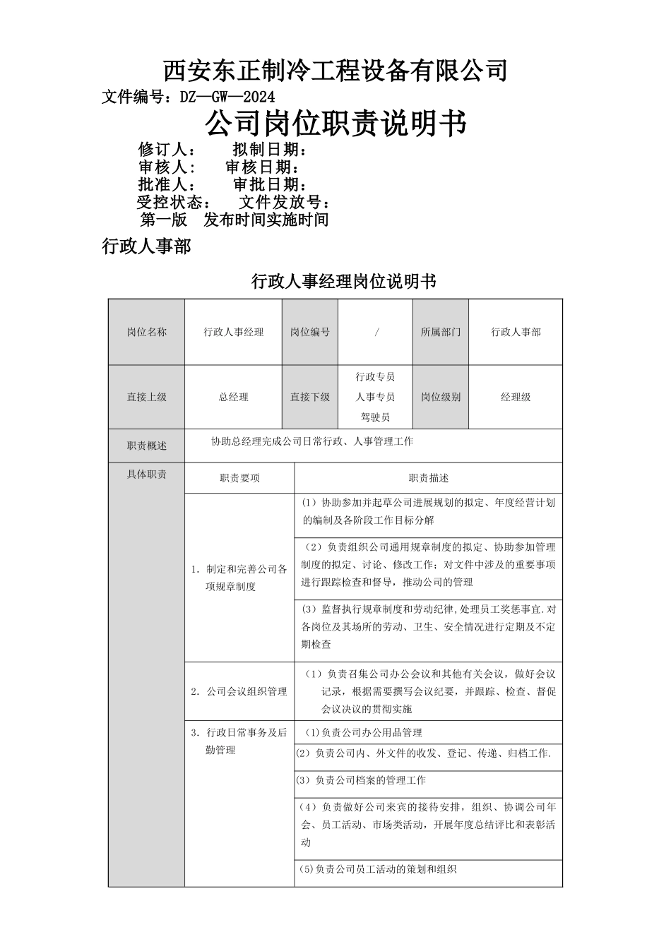暖通工程公司岗位说明书_第1页