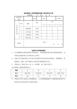 2025年高干管理绩效直接下级考核评分表及填表说明