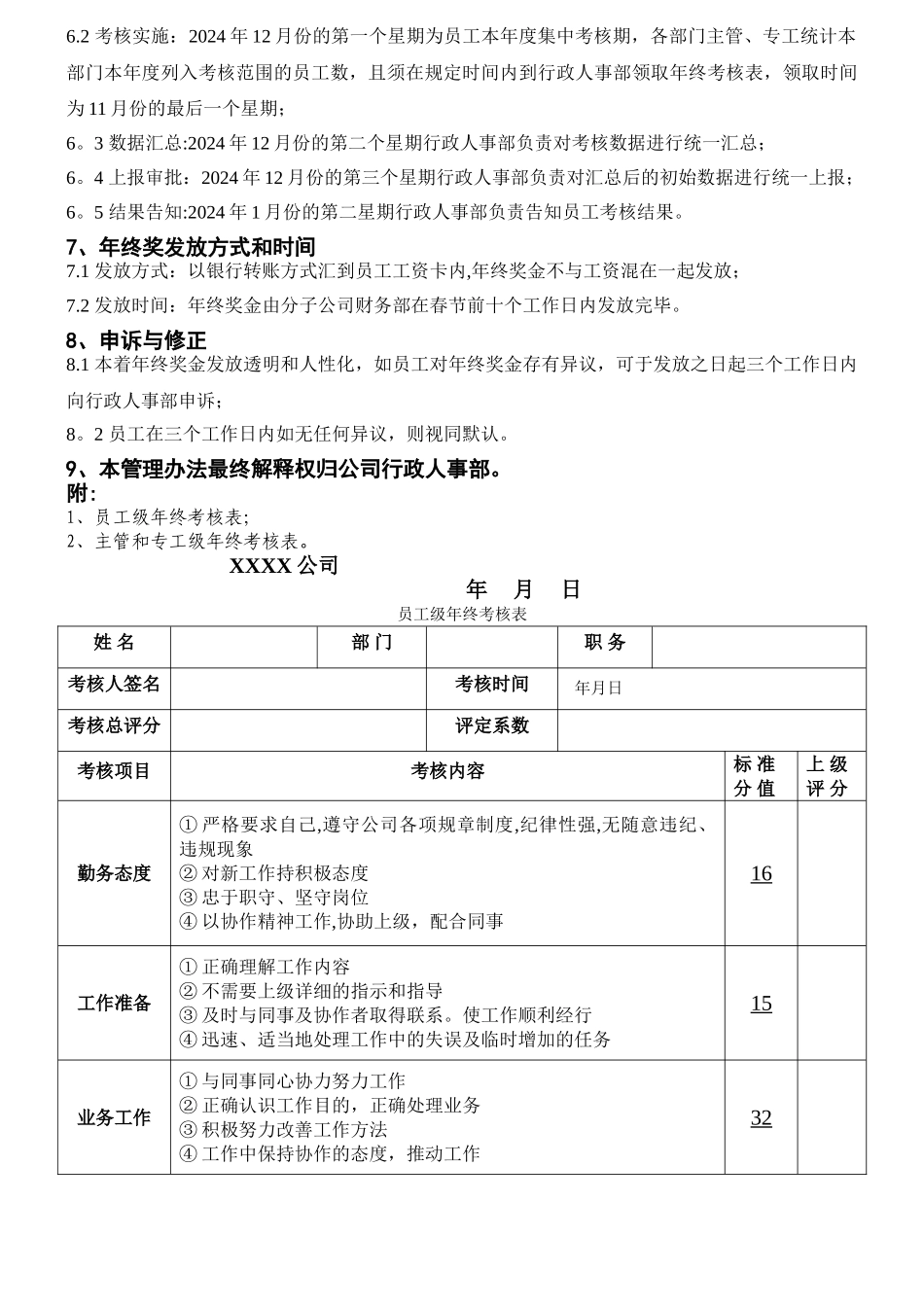 最新员工年终奖考核管理办法(含年终考核表)_第2页