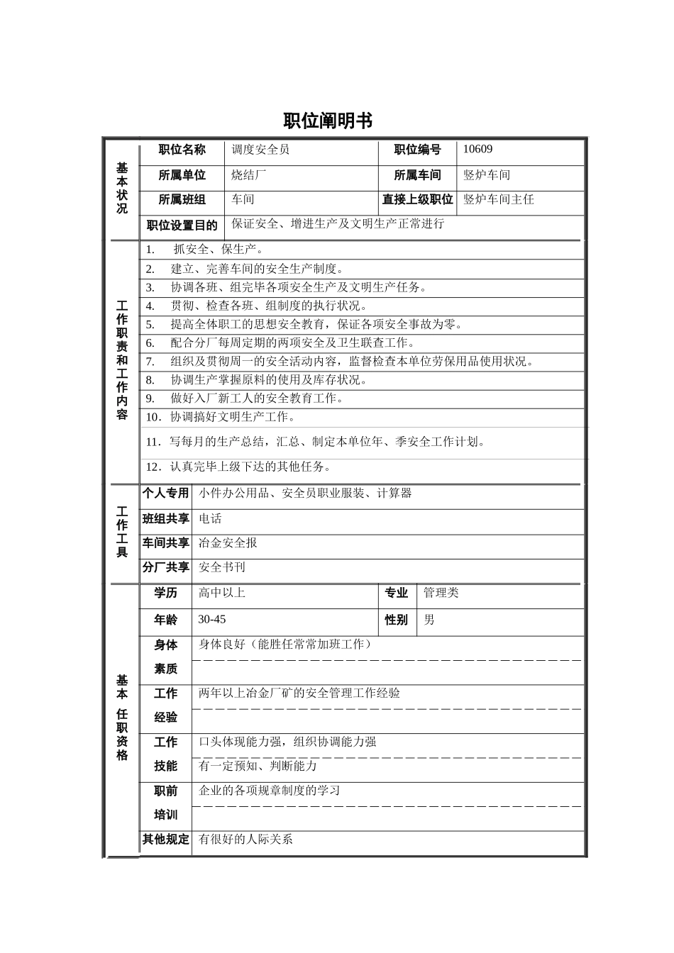 2025年烧结厂竖炉车间调度安全员职位说明书_第1页