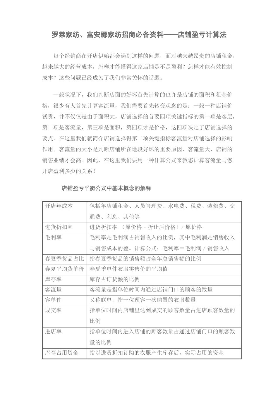 2025年罗莱家纺富安娜家纺招商资料店铺盈亏计算法_第1页