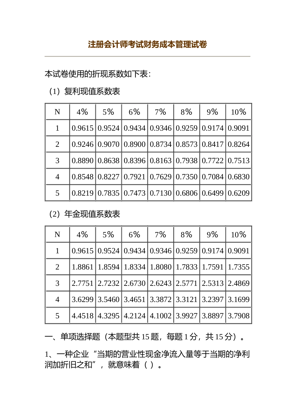 2025年注册会计师财务成本管理考试试卷_第1页