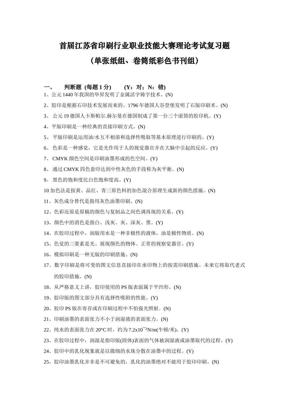 2025年首届江苏省印刷行业职业技能大赛理论考试复习题_第1页