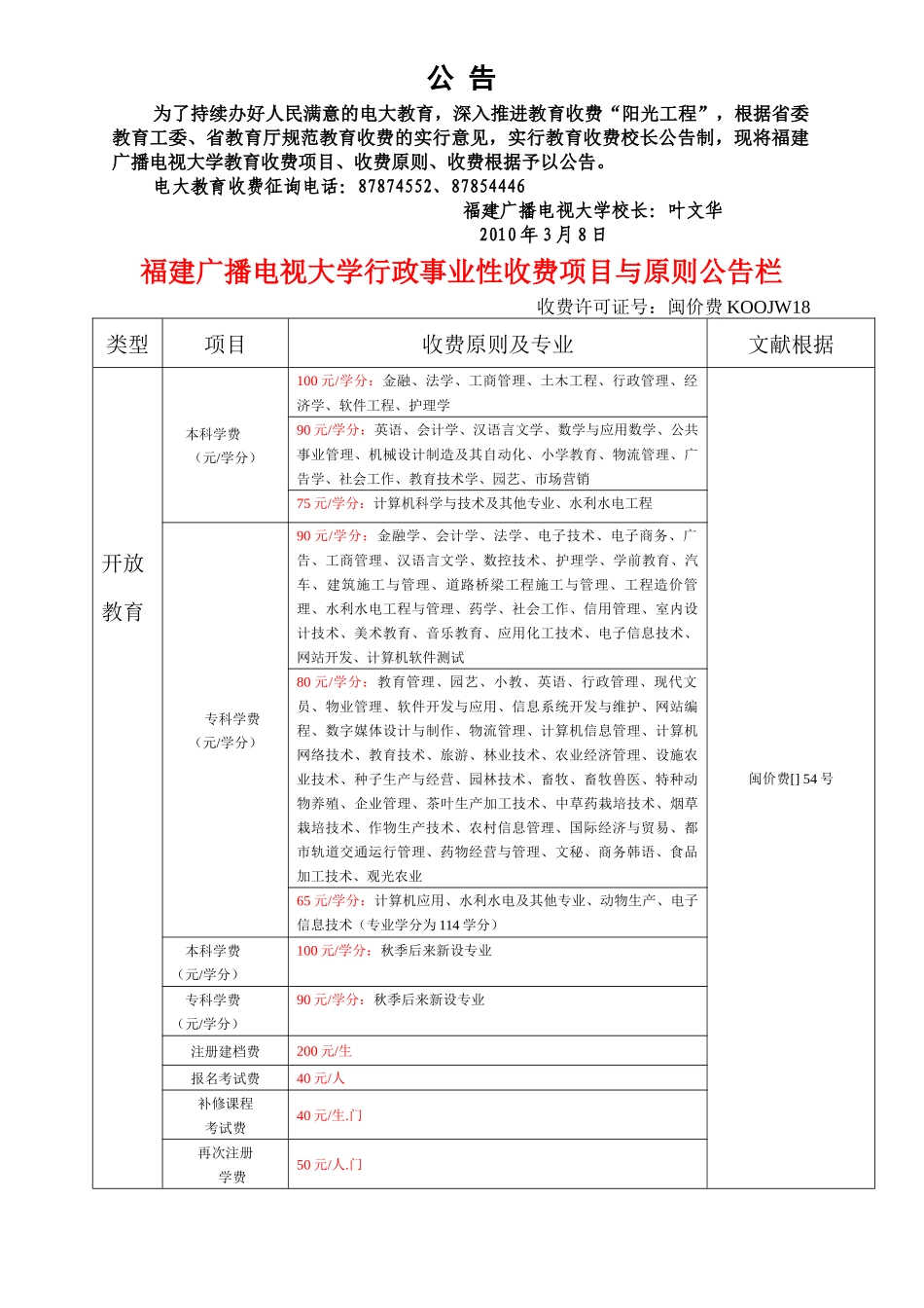 2025年福建广播电视大学行政事业性收费项目与标准公示栏_第1页