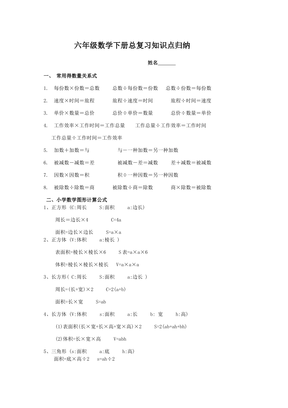 2025年六年级数学下册总复习知识点整理版_第1页