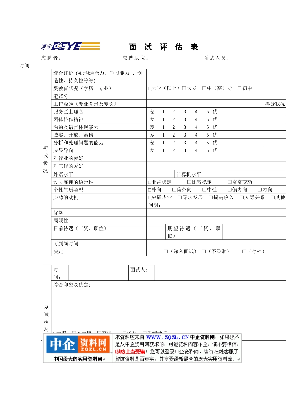 2025年面试评估表_第1页