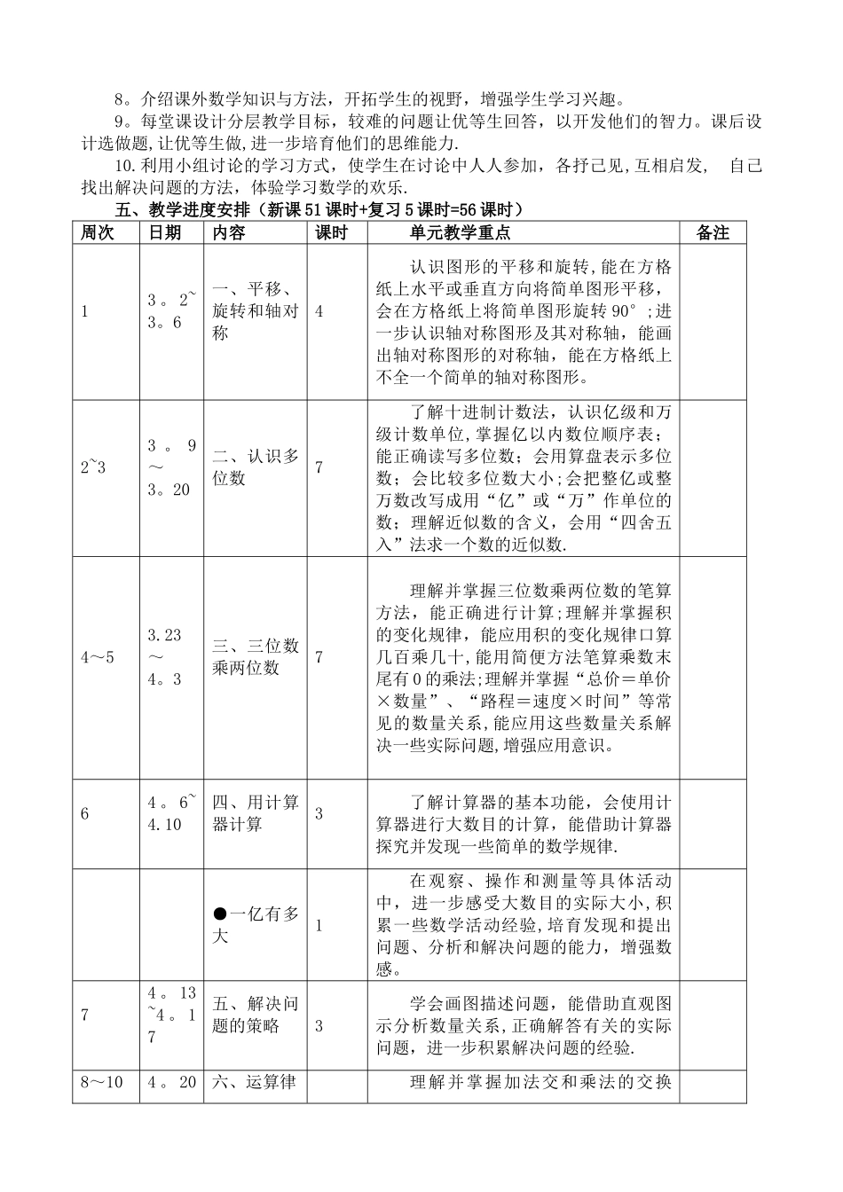 最新苏教版四年级数学下册教学计划_第3页