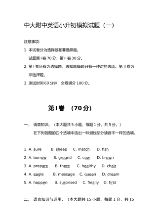 2025年中大附中小升初英语入学模拟测试题