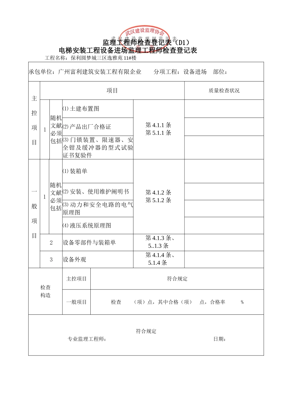 2025年电梯安装工程设备进场质量验收监理工程师检查记录表_第1页