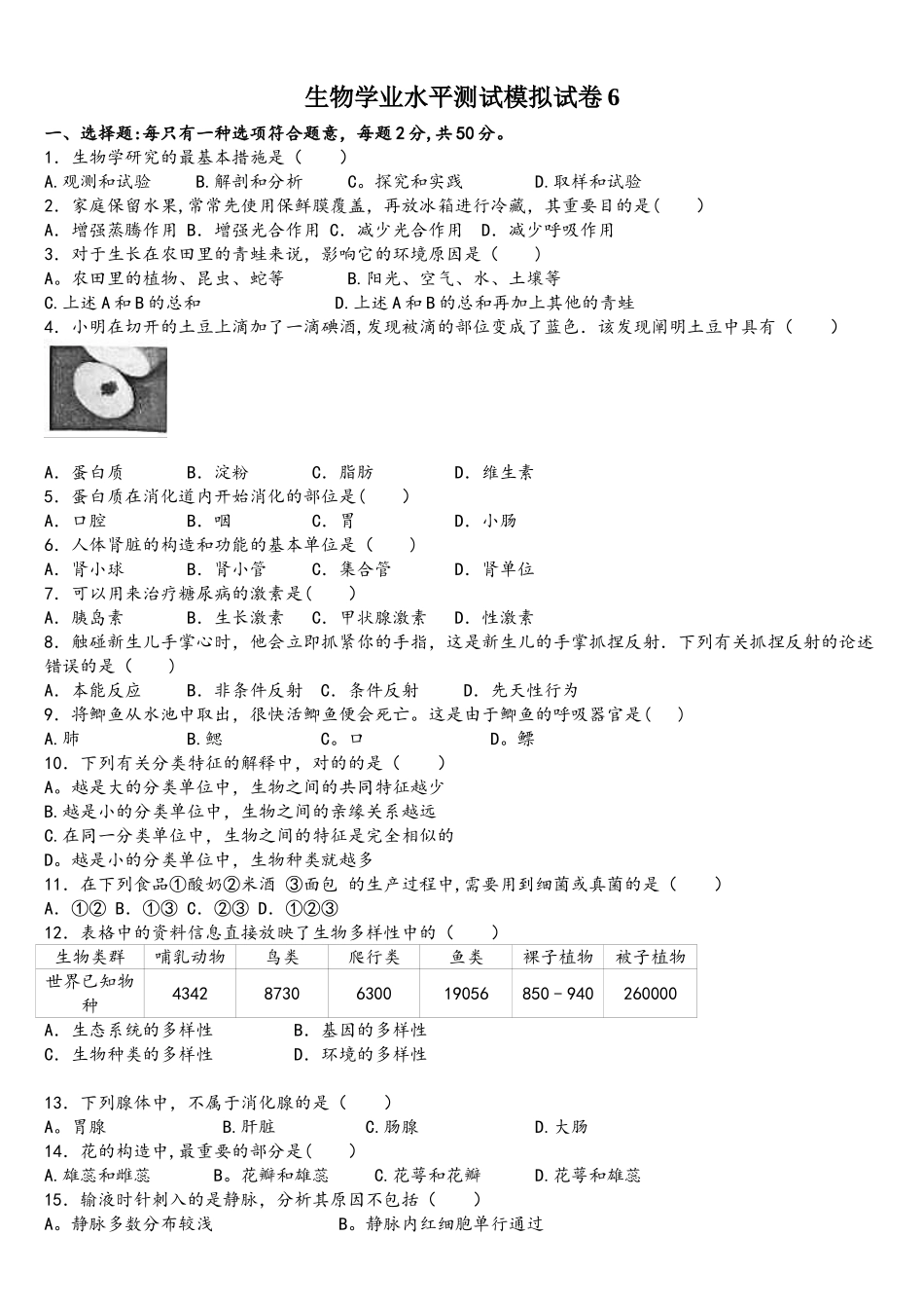 2025年生物学业水平测试模拟题_第1页