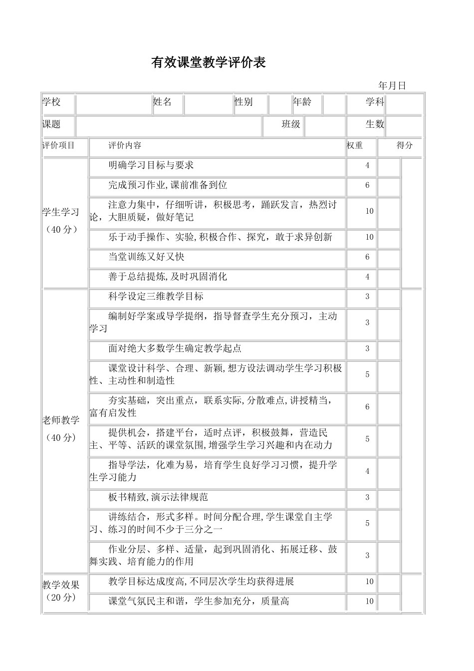 有效课堂教学评价表--大全_第1页