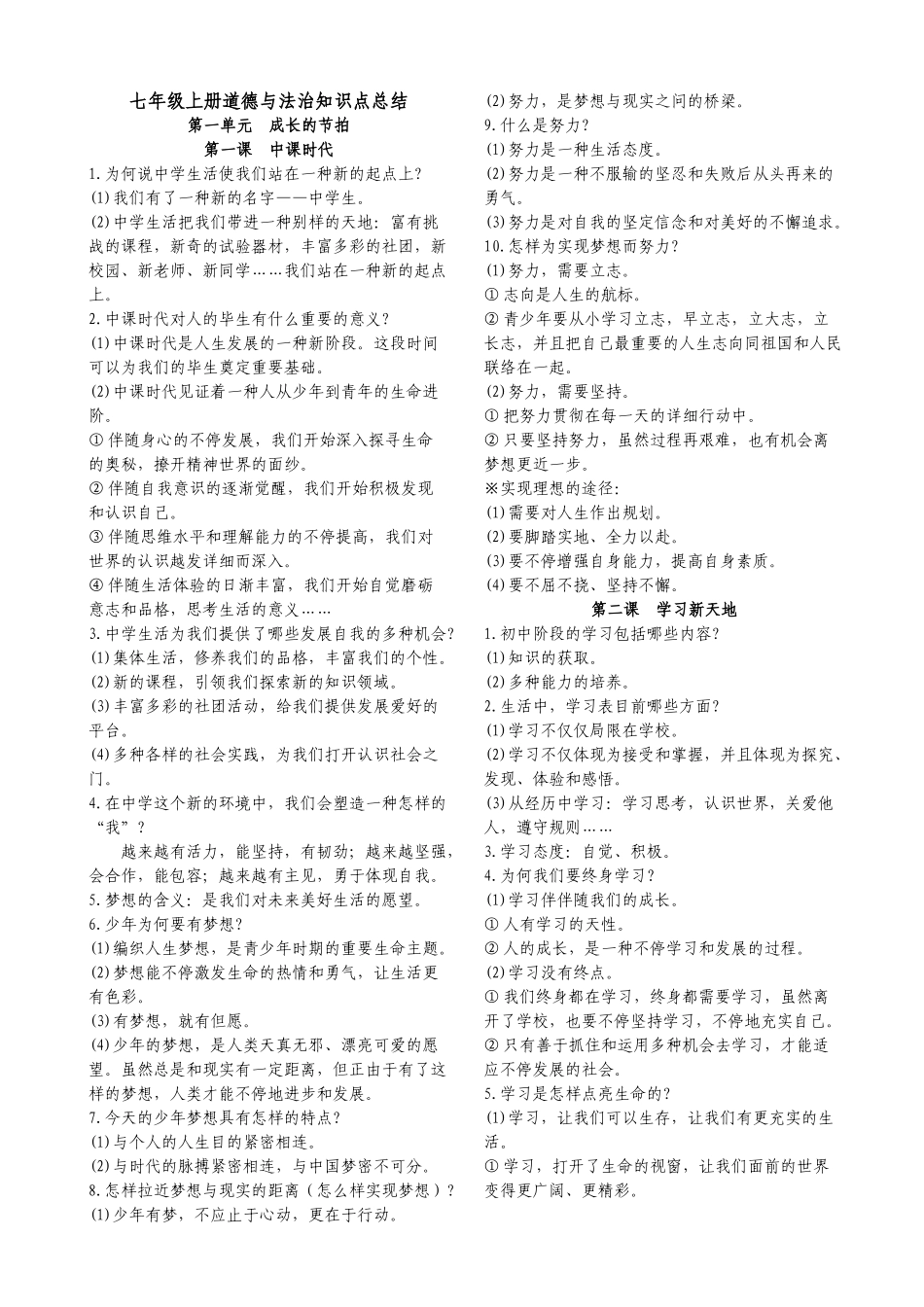 2025年七年级上册道德与法治知识点总结讲课稿_第1页