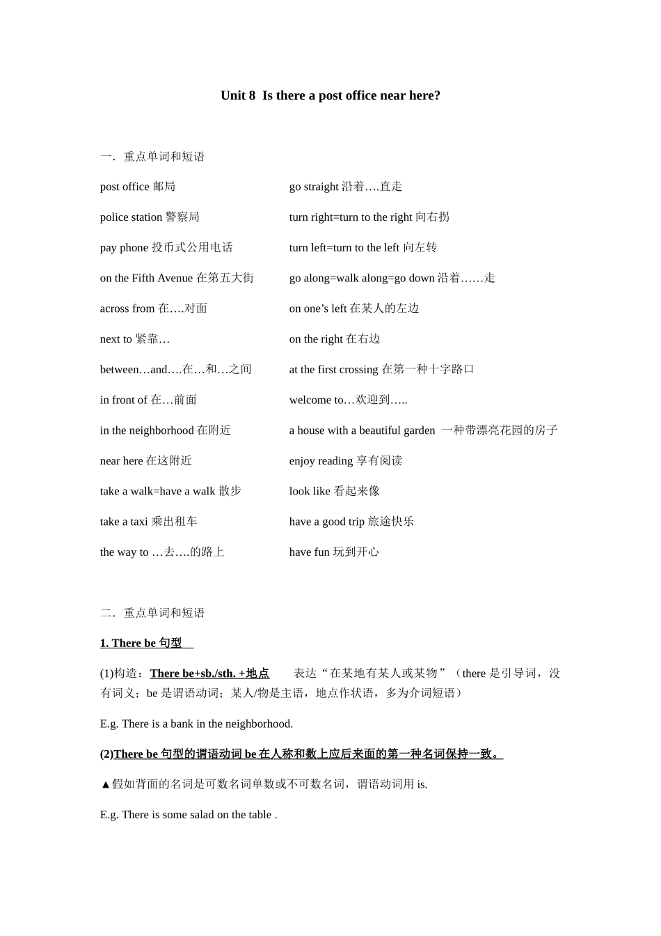2025年七年级英语下册Unit8Isthereapostofficenearhere？知识点总结_第1页