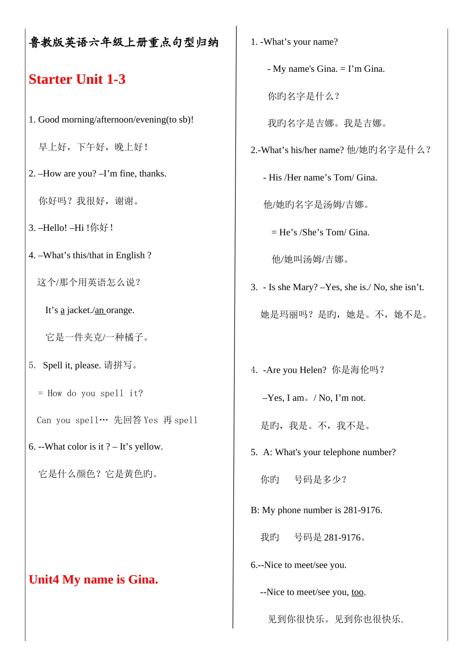 2025年鲁教版英语六年级上册重点句型归纳_第1页