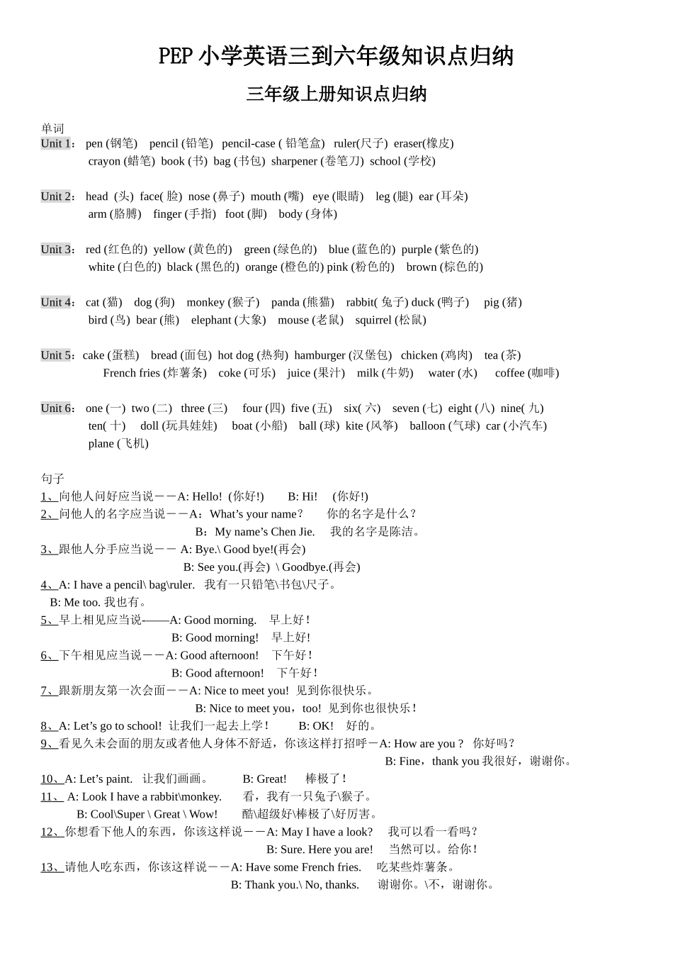 2025年PEP小学三年级到六年级英语知识点归纳精版复习进程_第1页